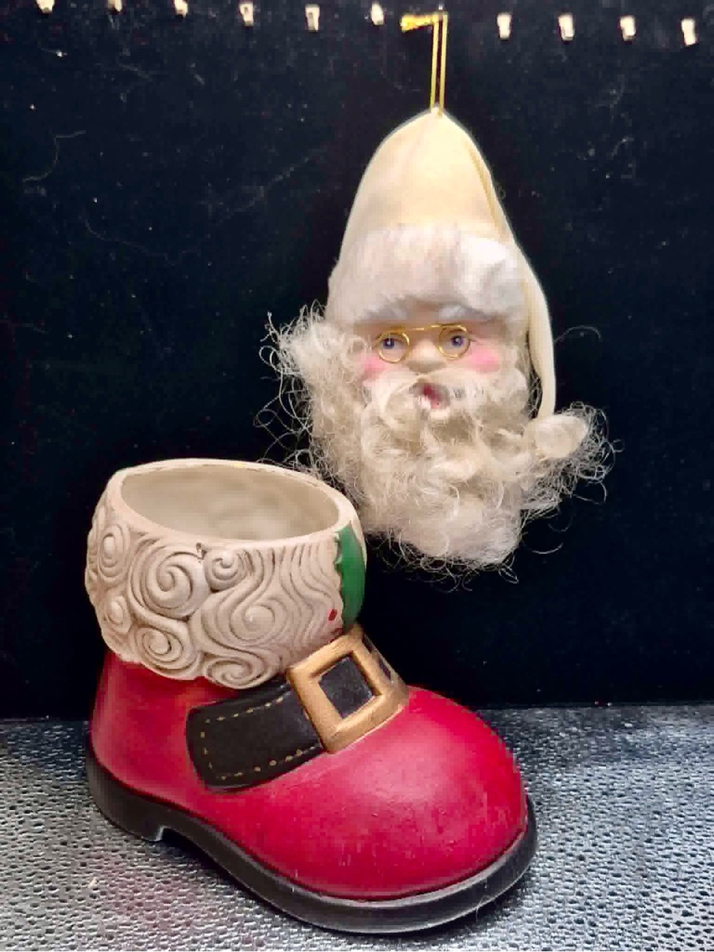 Vintage Christmas Decor - 6” Red Boot & Santa Head Ornament with Real Beard, Hat